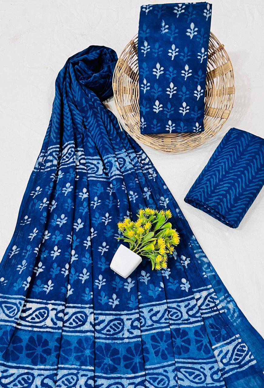 Wholesale Handblock Printed Cotton Mul Mul Dress Material – Indigo Floral Design, Handcrafted in Rajasthan for Designers, Boutiques, and Bulk Orders